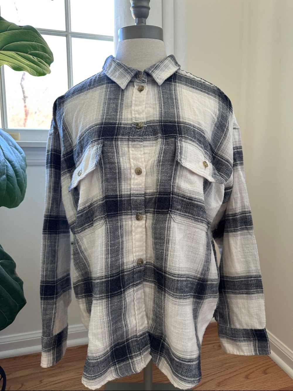 Cream and Black Plaid Button Down Flannel Shirt